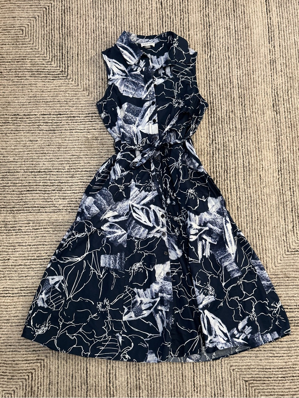 Calvin Klein Sleeveless Blue White Floral Fit-and-Flare Midi Dress Button Wrap